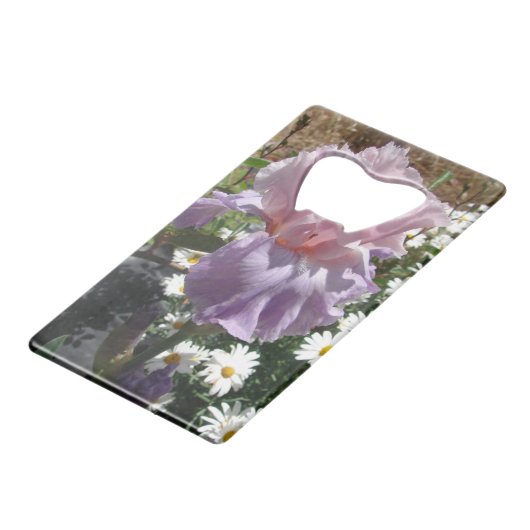 Schönes Lila Iris Blume Blumenstrauß Foto Geldbeutel Flaschenöffner (Vorderseite Schrägansicht)