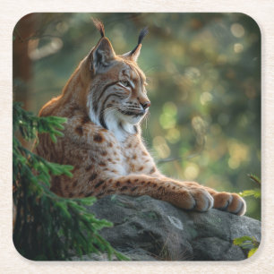 Schönes Luchs auf einem Felsen Rechteckiger Pappuntersetzer