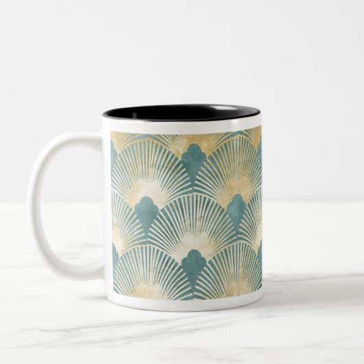 Schönes Lüftermuster, aquamarines Gold, Art Deco M Zweifarbige Tasse (Links)