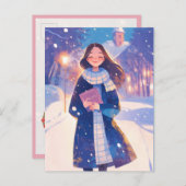 Schönes Mädchen, das auf der Winterstraße läuft Postkarte (Vorne/Hinten)