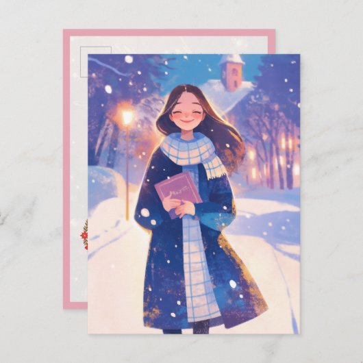 Schönes Mädchen, das auf der Winterstraße läuft Postkarte (Vorne/Hinten)