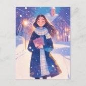 Schönes Mädchen, das auf der Winterstraße läuft Postkarte (Vorderseite)