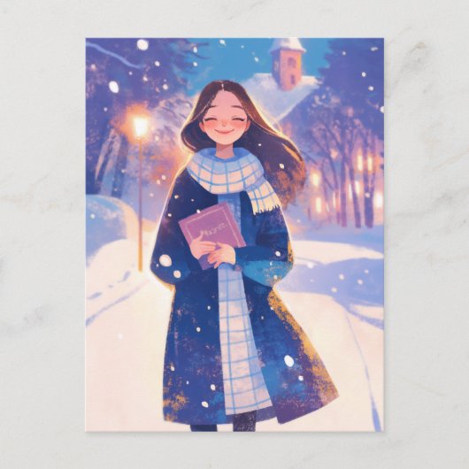 Schönes Mädchen, das auf der Winterstraße läuft Postkarte (Vorderseite)