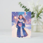 Schönes Mädchen, das auf der Winterstraße läuft Postkarte (Stehend Vorderseite)