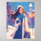 Schönes Mädchen, das auf einer Winterstraße läuft Poster (Vorne)