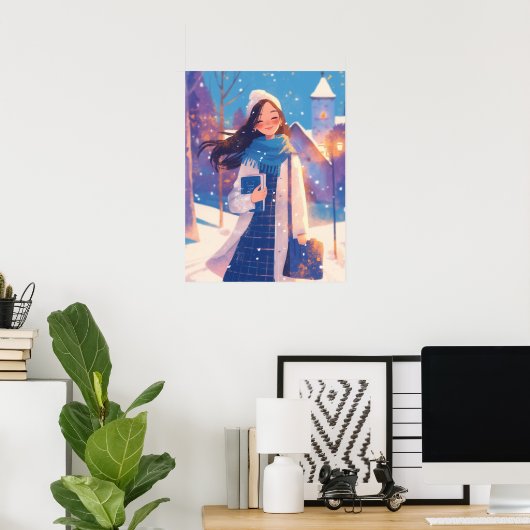 Schönes Mädchen, das auf einer Winterstraße läuft Poster (Heimbüro)