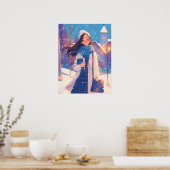 Schönes Mädchen, das auf einer Winterstraße läuft Poster (Küche)