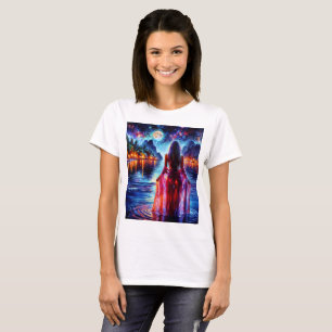 Schönes Mädchen, das das leuchtende Nachtwasser be T-Shirt
