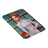 Schönes Mädchen, das ein Weihnachtsgeschenk hält Magnet (Rechte Seite)