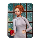 Schönes Mädchen, das ein Weihnachtsgeschenk hält Magnet (Vertikal)