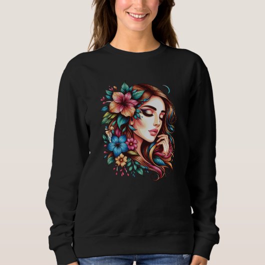 Schönes Mädchen-Gesicht mit Blumen Sweatshirt (Vorderseite)
