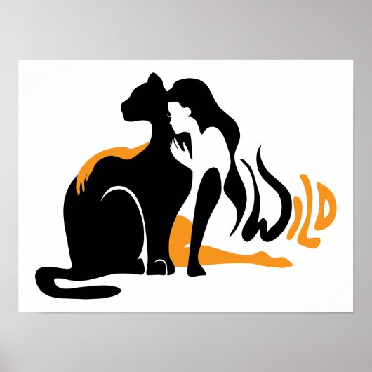 Schönes Mädchen, große schwarze Katze Panther Illu Poster (Vorne)