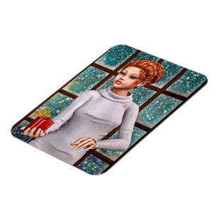Schönes Mädchen hält ein Weihnachtsgeschenk Magnet
