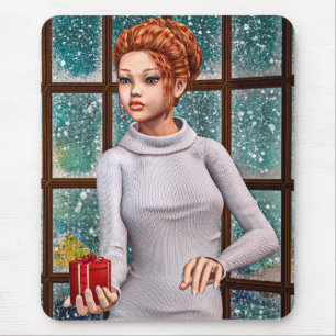 Schönes Mädchen hält ein Weihnachtsgeschenk Mousepad