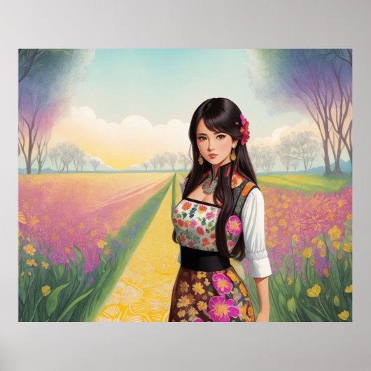 Schönes Mädchen im Blumengarten Poster (Vorne)