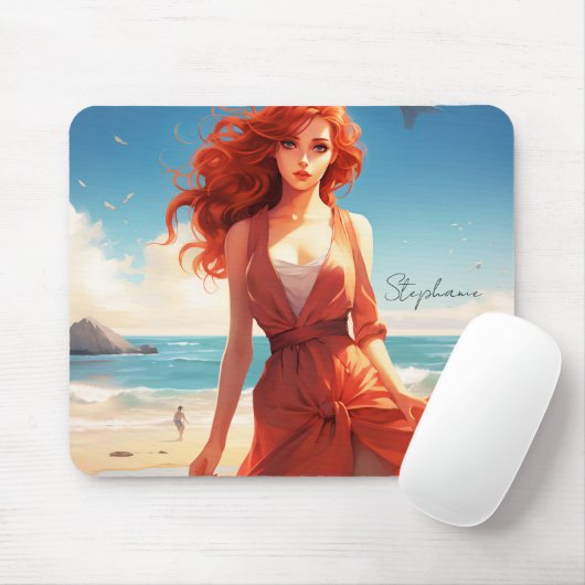 Schönes Mädchen in Rot am Strand Mousepad (Mit Mouse)