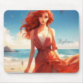 Schönes Mädchen in Rot am Strand Mousepad (Vorne)