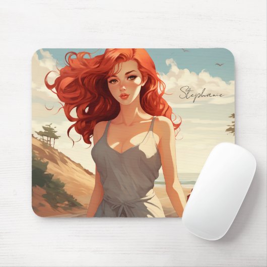 Schönes Mädchen in Rot am Strand Mousepad (Mit Mouse)