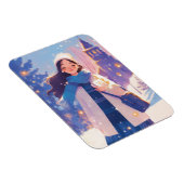 Schönes Mädchen läuft über die Winterstraße Magnet (Rechte Seite)