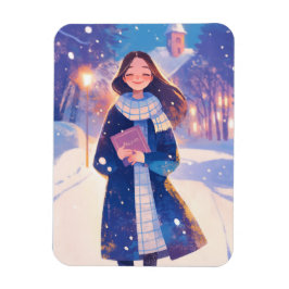 Schönes Mädchen läuft über die Winterstraße Magnet