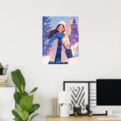 Schönes Mädchen läuft über die Winterstraße Poster (Heimbüro)