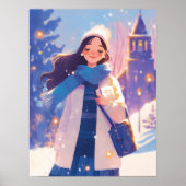 Schönes Mädchen läuft über die Winterstraße Poster (Vorne)