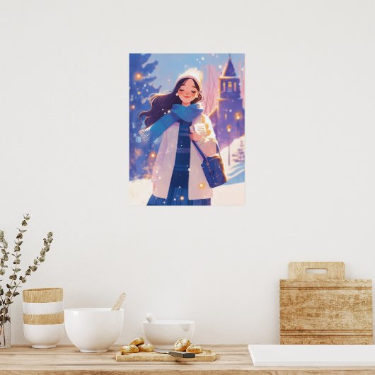 Schönes Mädchen läuft über die Winterstraße Poster (Küche)