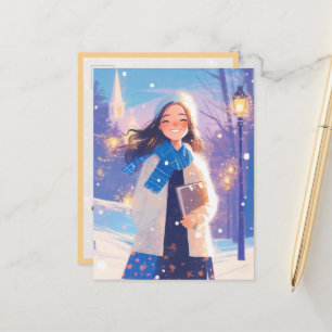 Schönes Mädchen läuft über die Winterstraße Postkarte