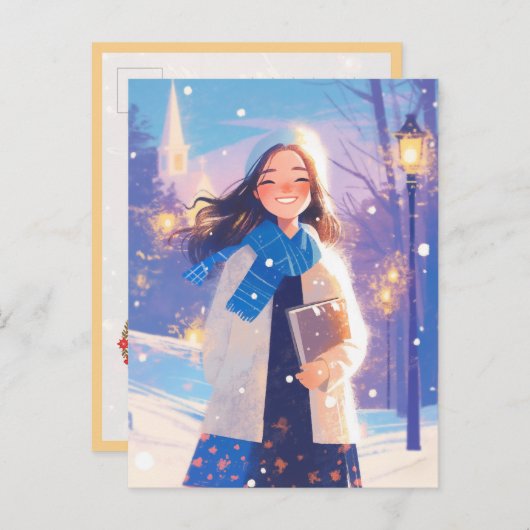 Schönes Mädchen läuft über die Winterstraße Postkarte (Vorne/Hinten)