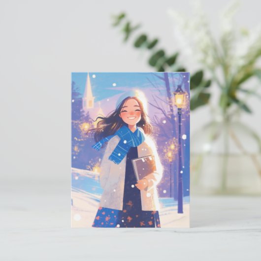 Schönes Mädchen läuft über die Winterstraße Postkarte (Stehend Vorderseite)