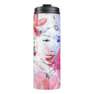 Schönes Mädchen mit einem Blumenstrauß der Blum Thermosbecher