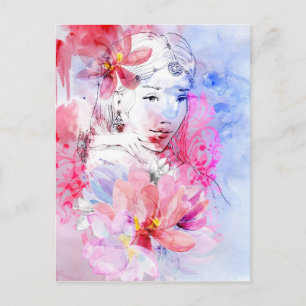 Schönes Mädchen mit einem Strauß an Blume Postkarte