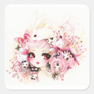 Schönes Mädchen mit niedlichen Häschen Quadratischer Aufkleber