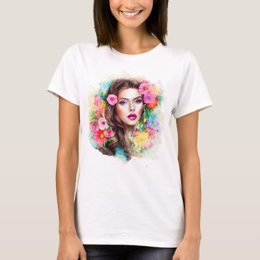 Schönes Mädchen mit rosa Blume weiß T-Shirt (Vorderseite)