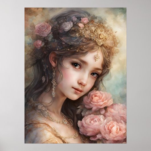 Schönes Mädchen mit rosa Rosen Poster (Vorne)