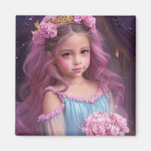 Schönes Mädchen mit rosafarbenen Blume in ihrer Ha Magnet