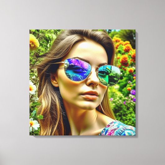 Schönes Mädchen mit Sonnenbrille Reflektion Blume Leinwanddruck (Vorderseite)