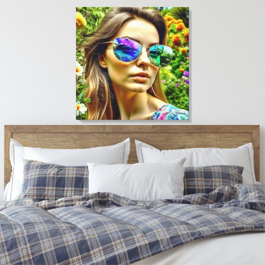 Schönes Mädchen mit Sonnenbrille Reflektion Blume Leinwanddruck (Insitu (Schlafzimmer))