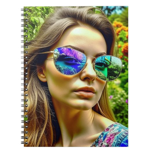 Schönes Mädchen mit Sonnenbrille Reflektion Blume Notizblock (Vorderseite)