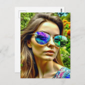Schönes Mädchen mit Sonnenbrille Reflektion Blume Postkarte (Vorne/Hinten)