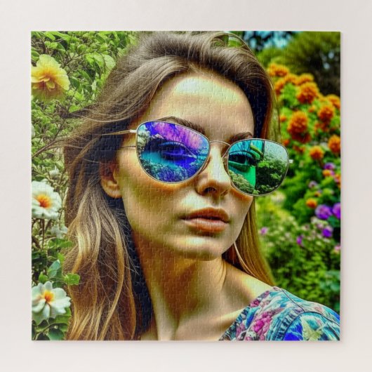 Schönes Mädchen mit Sonnenbrille Reflektion Blume Puzzle (Vertikal)