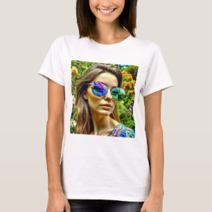 Schönes Mädchen mit Sonnenbrille Reflexionsblumen T-Shirt