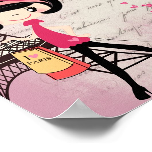 Schönes Mädchen und Katze im Pariser Eiffelturm Poster (Ecke)