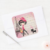 Schönes Mädchen und Katze im Pariser Eiffelturm Quadratischer Aufkleber (Umschlag)