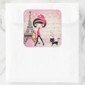 Schönes Mädchen und Katze im Pariser Eiffelturm Quadratischer Aufkleber (Tasche)