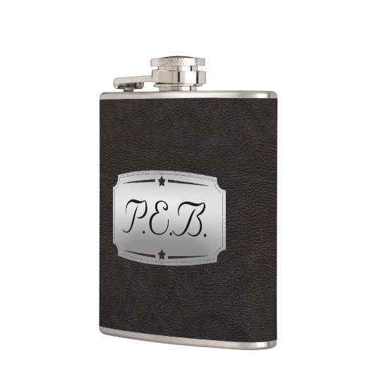 Schönes männliches Schwarzes Leder Look Monogramm Flachmann (Links)