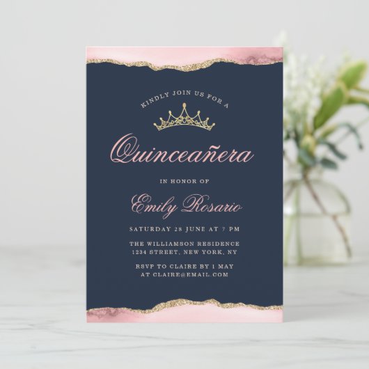 Schönes marineblau & röscheln quinceañera einladung (Stehend Vorderseite)