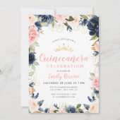 Schönes Marineblau und rosa Quinceñera Einladung (Vorderseite)