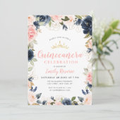 Schönes Marineblau und rosa Quinceñera Einladung (Stehend Vorderseite)