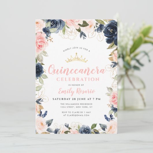 Schönes Marineblau und rosa Quinceñera Einladung (Stehend Vorderseite)
